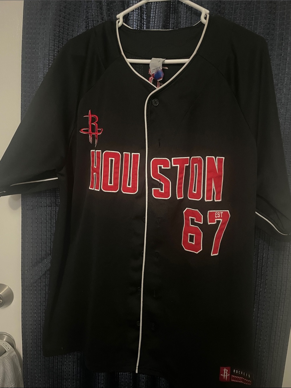 Houston Rockets Black Baseball Jersey with Red Lettering